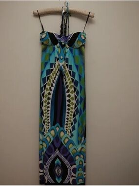 Valerie Bertinelli Strapless Geometric Maxi Dress in Teal, Blue & Green